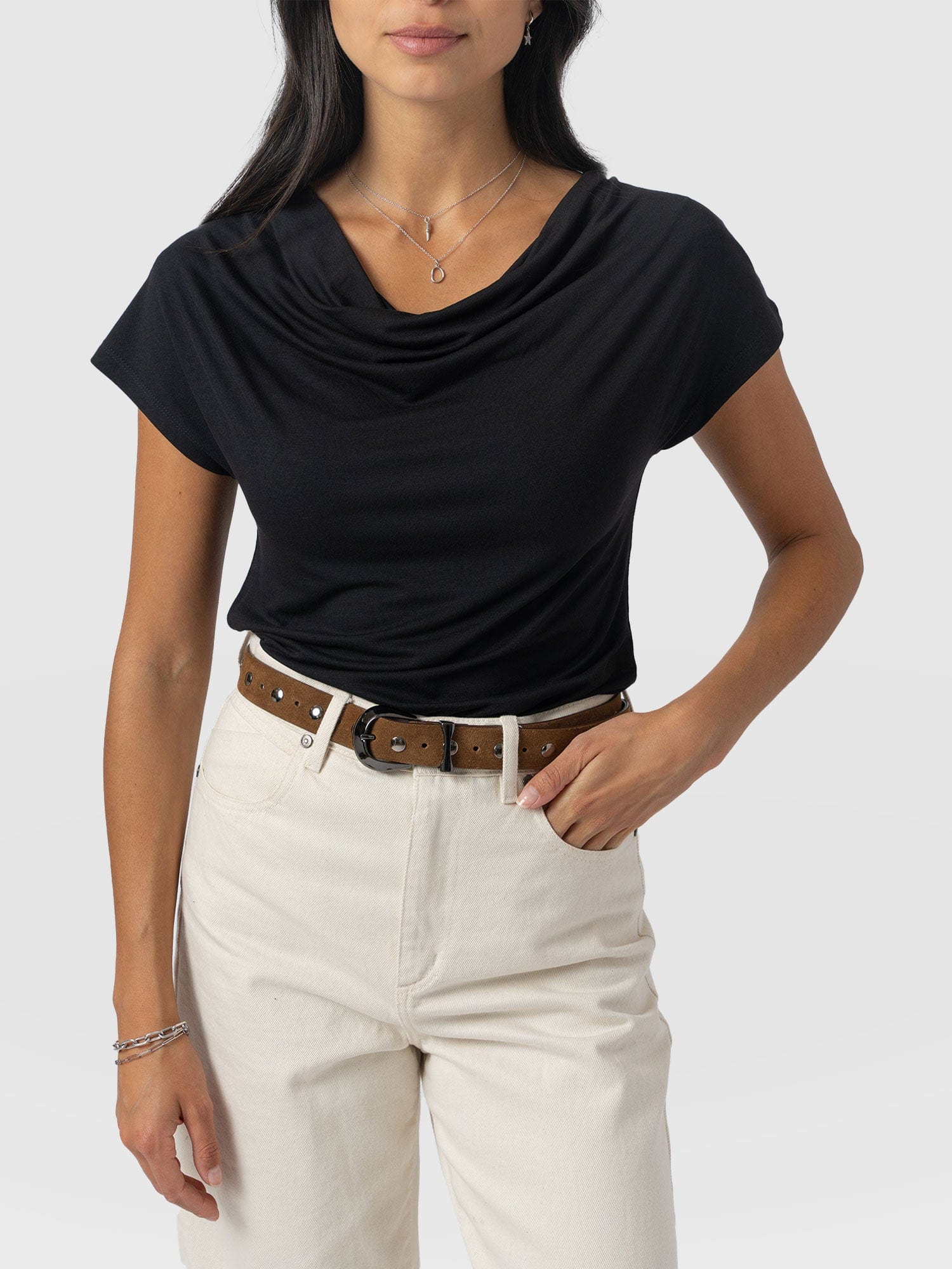 Cowl Neck Tee Black - Women's T-Shirts | Saint + Sofia® USA